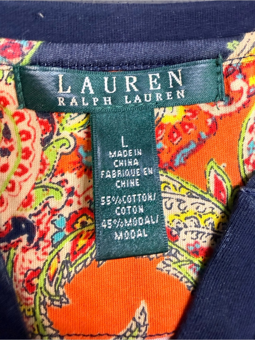 Lauren Ralph Lauren Paisley V-Neck 3/4 Sleeve Knit Top Size L - Picture 6 of 11